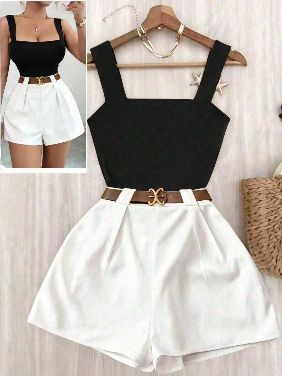 Conjunto casual de vacaciones de 2 piezas para mujer con top ajustado de escote cuadrado en color marrón y shorts de pierna ancha elásticos en la cintura en color blanco, diseño elegante de moda francés primavera/verano 2026 - Blanco y Negro 2 - Ver 1