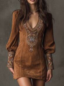 2026 V-Neck Embroidered Dress, Short Skirt, Exquisite And Elegant Bodycon Skirt - Brown - View 6