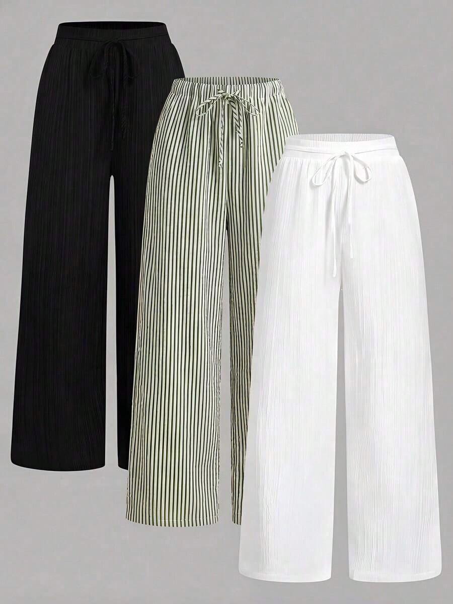 Set de 3 pantalones rectos sueltos de cintura alta con cordón y bolsillos, de unicolor y versátiles, adecuados para primavera/verano - Verde Oliva - Ver 1