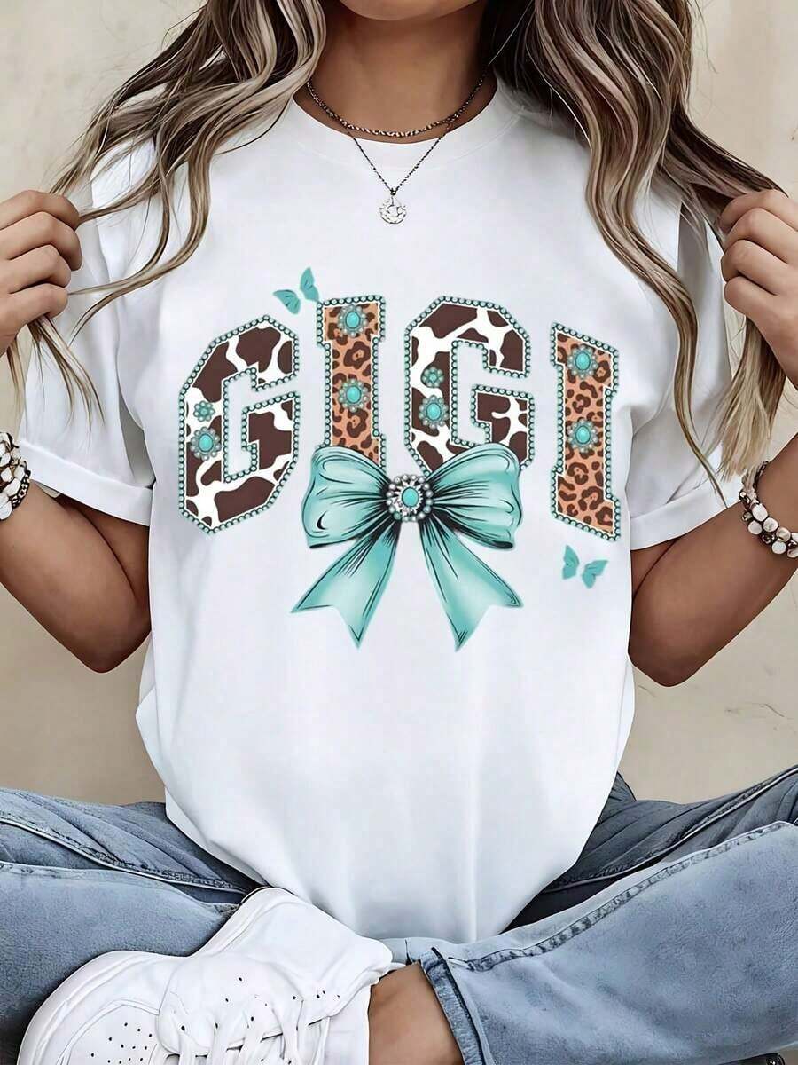 1 pieza de camiseta de cuello redondo Gigi con estampado de leopardo, lazo turquesa y diseño de mariposas para uso casual, 180g, 100% algodón. - Blanco - Ver 1