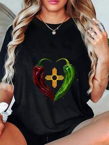Camiseta de tela suave, 180g, de manga corta y cuello redondo estampada, que celebra a Nuevo México, con un diseño de chiles rojos y verdes, Camiseta duradera. - Negro - Ver 7