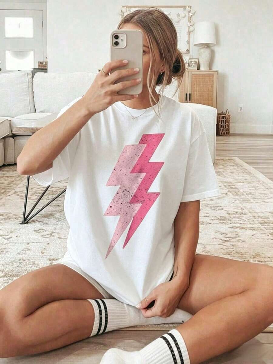 Camiseta de algodón puro para mujer estilo streetwear, corte oversize holgado con estampado de rayos doble capa rosa brillante efecto desgastado, diseño moderno fresco y súper chido, estilo dulce y audaz  europea americana, perfecta para uso diario, salidas casuales y looks personalizados en cualquier ocasión FVDH - Blanco - Ver 1