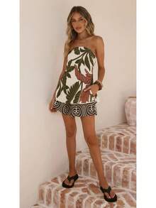 KZKZWK Women's Tropical Leaf Print Strapless Tube Top & Shorts Two-Piece Set, Sold Out Viral Vacation Co-Ord, Casual Bandeau Tunic Top With Pockets And Elast - 花色 - 查看 3