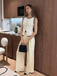 Ajuste casual de vacaciones, conjunto de primavera de ajuste delgado, blusa de verano, blusa elegante blanca para mujer, conjunto de oficina para mujer, cárdigan sin mangas con cuello redondo y ribete blanco y negro, blusa de punto para mujer.Blusas de chaleco para mujer, ropa de trabajo para mujer de oficina - Blanco - Ver 3