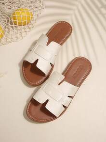2026 Summer New Women's Flat Slippers, H-Shaped Decor, Lightweight, Casual Beach Sandals, Slip-On, Retro, Open Toe - H White - View 7
