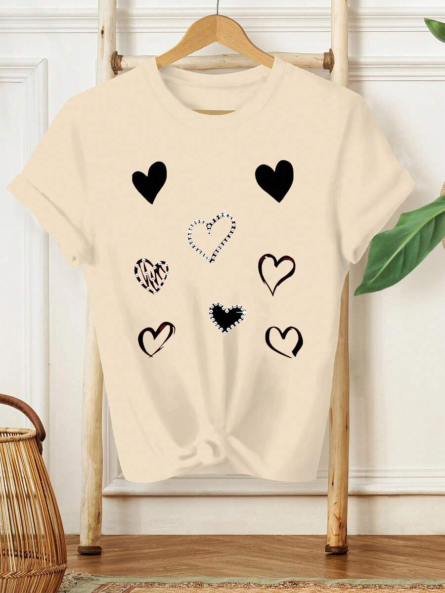 Women's Short-Sleeved Shirt With Vintage Heart Print, New Summer Collection, Fashionable Casual Printed Shirt For Ladies, Elegant Women's Clothing. - 杏色 - 查看 1