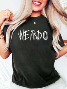 WEIRDO Punk Emo T-Shirt, Funny Gothic Heavy Metal T-Shirt, Gift T-Shirt, Women's Cotton Graphic T-Shirt, Crew Neck, Short Sleeve, Casual Style - 黑色 - 查看 1