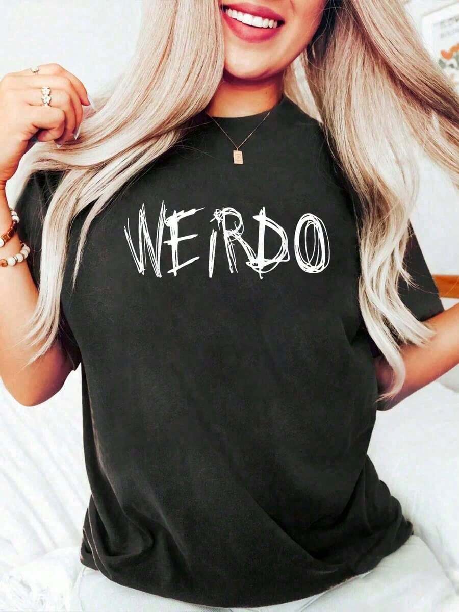 WEIRDO Punk Emo T-Shirt, Funny Gothic Heavy Metal T-Shirt, Gift T-Shirt, Women's Cotton Graphic T-Shirt, Crew Neck, Short Sleeve, Casual Style - 黑色 - 查看 1