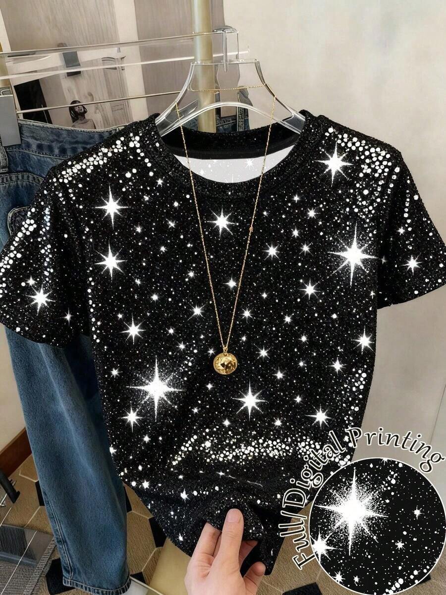 Camiseta de manga corta de cuello redondo con estampado de leopardo casual para mujer, verano - Multicolor - Ver 1