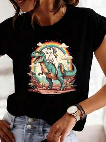 Camiseta Negra con Dinosaurio y Unicornio Arco Iris Estilo Fantasia Divertida para Mujer Y2k Camiseta Camisa De - Negro - Ver 1