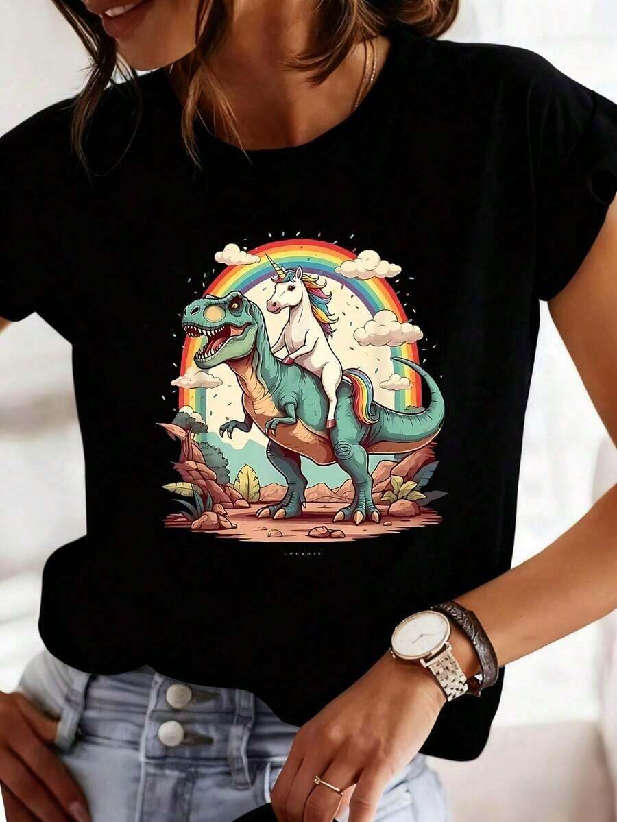 Camiseta Negra con Dinosaurio y Unicornio Arco Iris Estilo Fantasia Divertida para Mujer Y2k Camiseta Camisa De - Negro - Ver 1