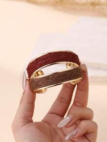 1pc Handmade Bohemian Style Dual-Tone Open Bangle Bracelet, Intricate & Textured Design, Suitable For Travel, Vacation, Party, Afternoon Tea, Music Festival And Daily Wear - Brown - View 8