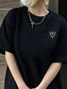 Camiseta Pura para Mujer Manga Corta Diseño de Nicho y Estampado 2025 Verano Nuevo Top Holgado de Manga Media y Ajustado para Mujer - Negro - Ver 2