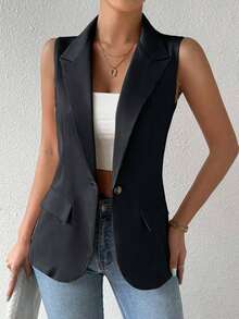 Blazer sin mangas de estilo elegante de color verde oliva para mujer, chaleco casual con solapa y botón en tela tejida lisa, corte regular - Gris Oscuro - Ver 7