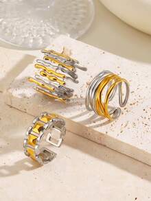 Bộ 3 chiếc nhẫn hở hình học bằng thép không gỉ mạ vàng 18K, thích hợp cho nữ giới đeo hàng ngày và dự tiệc. - Nhiều màu - Xem 5