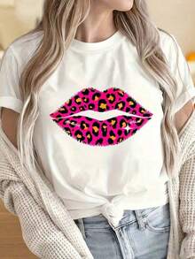 1 pieza de camiseta para mujer y hombre con cuello redondo y mangas cortas, estampado de leopardo rosa con gráfico de labios, camiseta casual de moda para mujer, camiseta negra de cuello redondo para uso diario. Los estampados divertidos son adecuados para fiestas de Navidad, actividades deportivas, fiestas de vacaciones, salidas, deportes y otros regalos navideños.180g 100% Algodón - Blanco - Ver 6