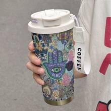 1個 530ML Cool Mask/Abstract Wishes/National Style 印花不鏽鋼保溫隨行杯，附蓋與矽膠吸管，舒適握感，大容量咖啡杯，適用辦公室、學校、居家、露營，送給朋友/家人的禮物推薦 - 彩色 - 查看 11