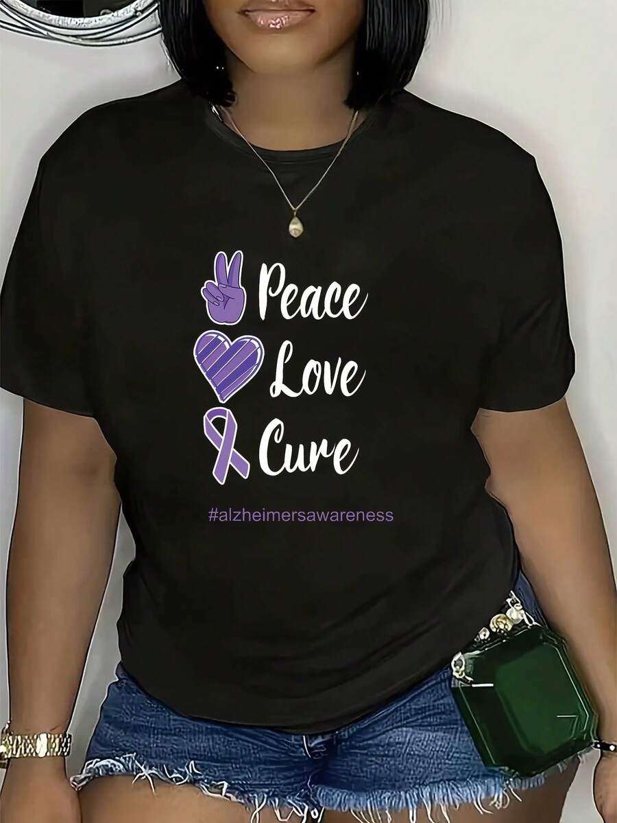 Women's Plus Size 100% Cotton T-Shirt With Purple Peace Heart Print For Alzheimer's Awareness, Semi-Breathable Fabric, Loose Fit, Round Neck, Short Sleeves, Machine Washable, Suitable For All Seasons, Promotes Alzheimer's Awareness And Is Ideal For Casual Everyday Wear. - 黑色 - 查看 1