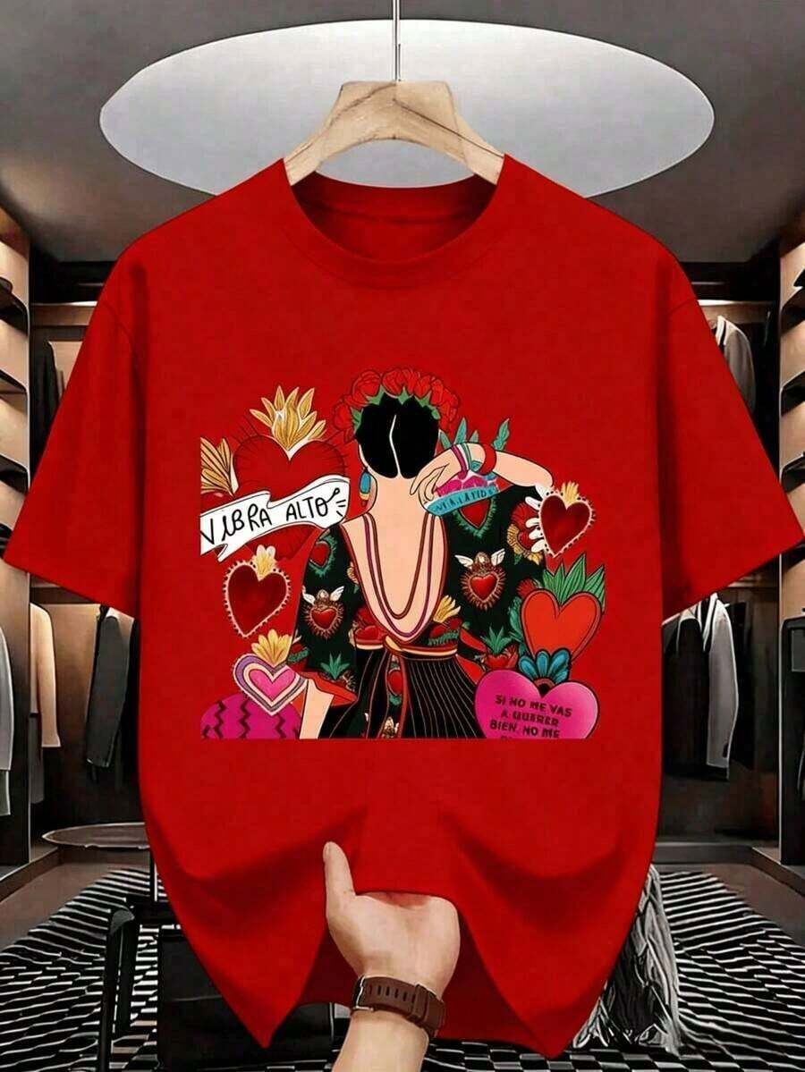 Women's 100% Cotton Short-Sleeve T-Shirt - Men's Cotton T-Shirt - Short Sleeve, Crew Neck, Digital Print, Comfortable For All Seasons, Machine Washable, Ideal For Daily Outings, Circular Design, Casual Summer T-Shirt, Mexican Folk Art Style Muscle Freaks Frida Hearts, Fashionable Women's Clothing, Crew Neck, 100% Cotton, Soft Fabric, Short Sleeve - 紅色的 - 查看 1