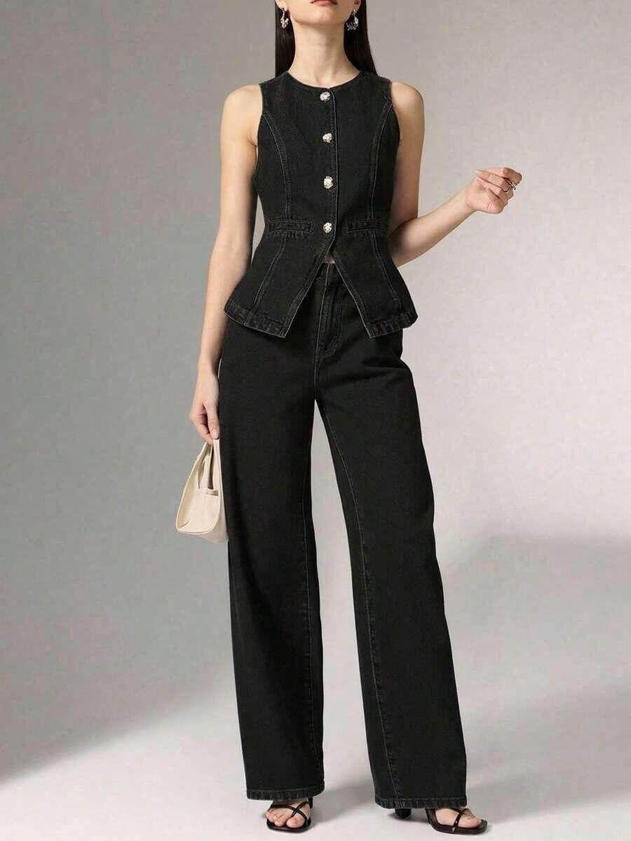 Conjunto de 2 piezas con top sin mangas con botones metálicos y aberturas en la Bottom, y pantalones vaqueros de pierna ancha de cintura alta - Conjunto elegante de mezclilla, pantalones vaqueros de pierna ancha y holgada, pantalones vaqueros de mujer de talle alto, FW25 - Negro - Ver 1