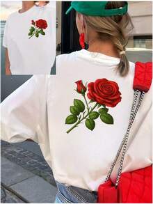 Women's Short Sleeve Blouse With White Rose Print - Elegant Red Rose And Green Leaf Print On The Back, Round Neck, Casual To Semi-Formal Style, Breathable And Comfortable For Spring, Summer And Autumn, Machine Washable (Pink/Red Floral Design) - Versatile Essential Garment To Match With Other Garments, With Floral Print On The Front And Back, Medium Stretch Fabric, Relaxed Fit, Suitable For Spring/Summer/Autumn Seasons, Y2k Style T-Shirt. - 黑色 - 查看 1