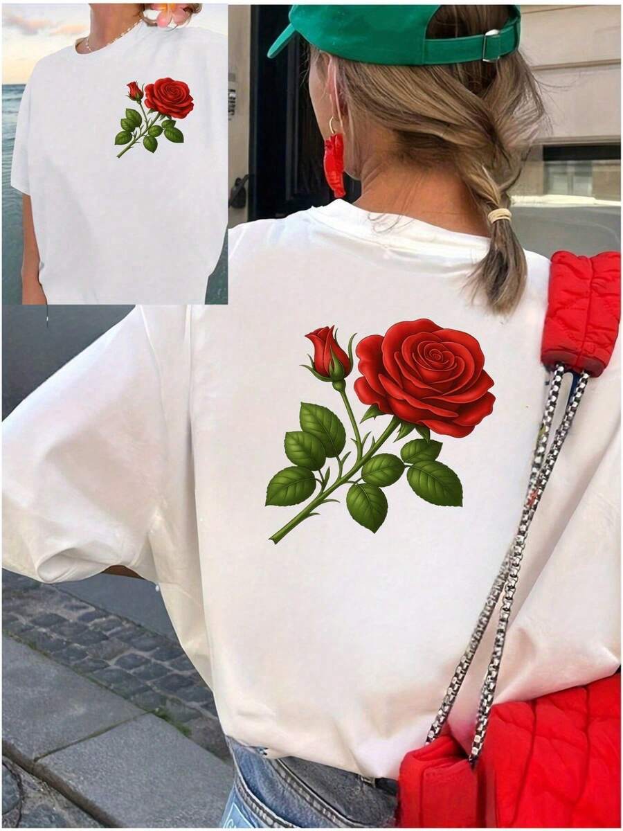 Women's Short Sleeve Blouse With White Rose Print - Elegant Red Rose And Green Leaf Print On The Back, Round Neck, Casual To Semi-Formal Style, Breathable And Comfortable For Spring, Summer And Autumn, Machine Washable (Pink/Red Floral Design) - Versatile Essential Garment To Match With Other Garments, With Floral Print On The Front And Back, Medium Stretch Fabric, Relaxed Fit, Suitable For Spring/Summer/Autumn Seasons, Y2k Style T-Shirt. - 黑色 - 查看 1