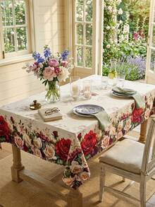 1pc Vintage Rose Floral Garden Print Tablecloth, Romantic European Farmhouse Style Polyester Rectangular/Oval Table Cover With Red Rose, White Rose, Flower Bouquet, Green Leaf Botanical Pattern, Decorative Dining Tablecloth - Multicolor - View 6
