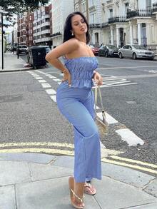 Conjunto de 2 piezas para mujer con top sin tirantes a rayas y pantalón de pierna ancha, con sensación relajada, ajuste elegante, para primavera - Azul - Ver 4