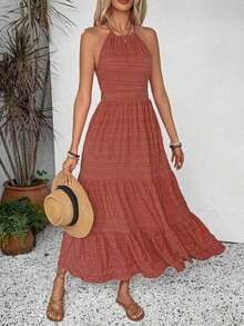 Vestido de verano con textura para mujer con unicolor, tirantes en la espalda y volante en el bajo, perfecto para looks de vacaciones, vestido largo para vacaciones y playa - Color caoba - Ver 3