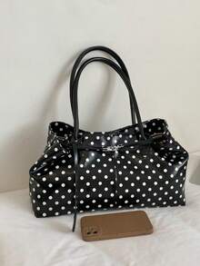 Bolso de hombro de gran capacidad con estampado de lunares, estilo coreano 2026, bolso de mano casual y de viaje, versátil para el uso diario - Negro - Ver 8