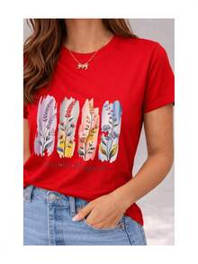 Camiseta suave 100% algodón de manga corta para mujer con estampado floral en acuarela y frase en inglés, diseño artístico botánico espiritual casual, camiseta de algodón transpirable, combina con todo, genial. - Rojo - Ver 2