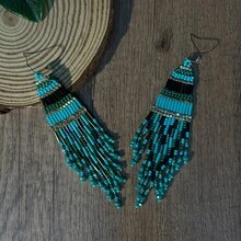 AHAYA Handmade Geometric Long Tube Bead Earrings, Fashion Tassel Drop Earrings With Glass Beads, Versatile Beaded Earrings Suitable For Daily Wear And Vacation - Blue - View 4