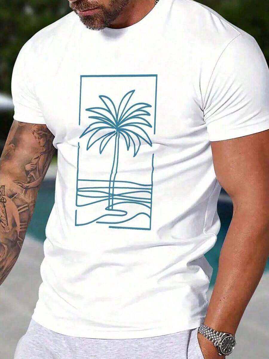 Camiseta de manga corta con estampado de cocotero casual para hombres Manfinity RSRT - Blanco - Ver 1