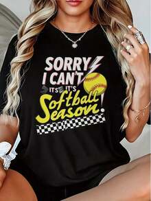 Wo's Softball T-Shirt - Funny Phrase "Sorry, I Can't, It's Softball Season" With Baseball And Lightning Bolt Design - Heavyweight T-Shirt Suitable For Players And Fans, Team Spirit Apparel, Gift For Coaches, Casual Crew Neck T-Shirt. - 黑色 - 查看 1
