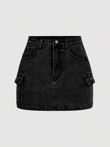 Minifalda casual cargo de mezclilla lavada para mujer - Gris Oscuro - Ver 5