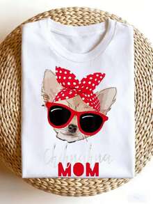 Chihuahua Dog Mom T-Shirt, Crew Neck T-Shirt With Dog Applique Wearing Glasses, Casual Short Sleeve T-Shirt For All Seasons, Unisex Heat Transfer Knit Fabric, Regular Fit - Sizes S-XXXL.Jpg1 - 白色 - 查看 12