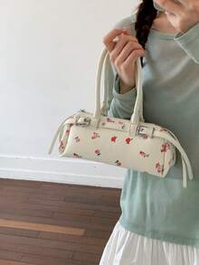 女士清新花卉印花手提包，甜美玫瑰印花腋下包，小众设计翻盖单肩包，多功能通勤手提包，少女波士顿包，夏季迷你斜挎包 - 彩色 - 查看 4