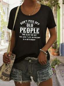 No te metas con las personas mayores, estampado, 1 pieza, camiseta de talla grande para mujer, divertida, con gráfico de gran tamaño, manga corta, camiseta novedosa, poliéster, cuello redondo, ropa casual, 220g - Negro - Ver 6