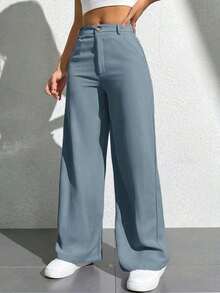 Pantalones anchos de unicolor informal para mujeres - Azul - Ver 4