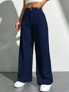 Pantalones casuales simples de unicolor para mujer para usar todos los días - Azul marino - Ver 5