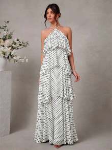 Vestido largo elegante y romántico de gasa con cuello de halter y volantes para invitados a una boda - Blanco y Negro - Ver 6