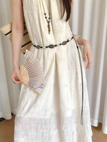 1 chiếc thắt lưng buộc eo kiểu Bohemian màu đen bằng polyester, đính hạt và bện, dành cho nữ. - màu đen - Xem 2