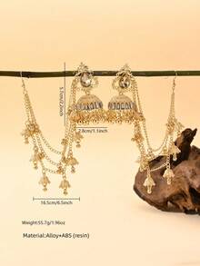 優雅水鑽金色 Jhumka 耳環附流蘇髮鏈，傳統中東大耳環，適合婚禮珠寶或派對穿著 - 掛鏈耳飾 - 查看 8