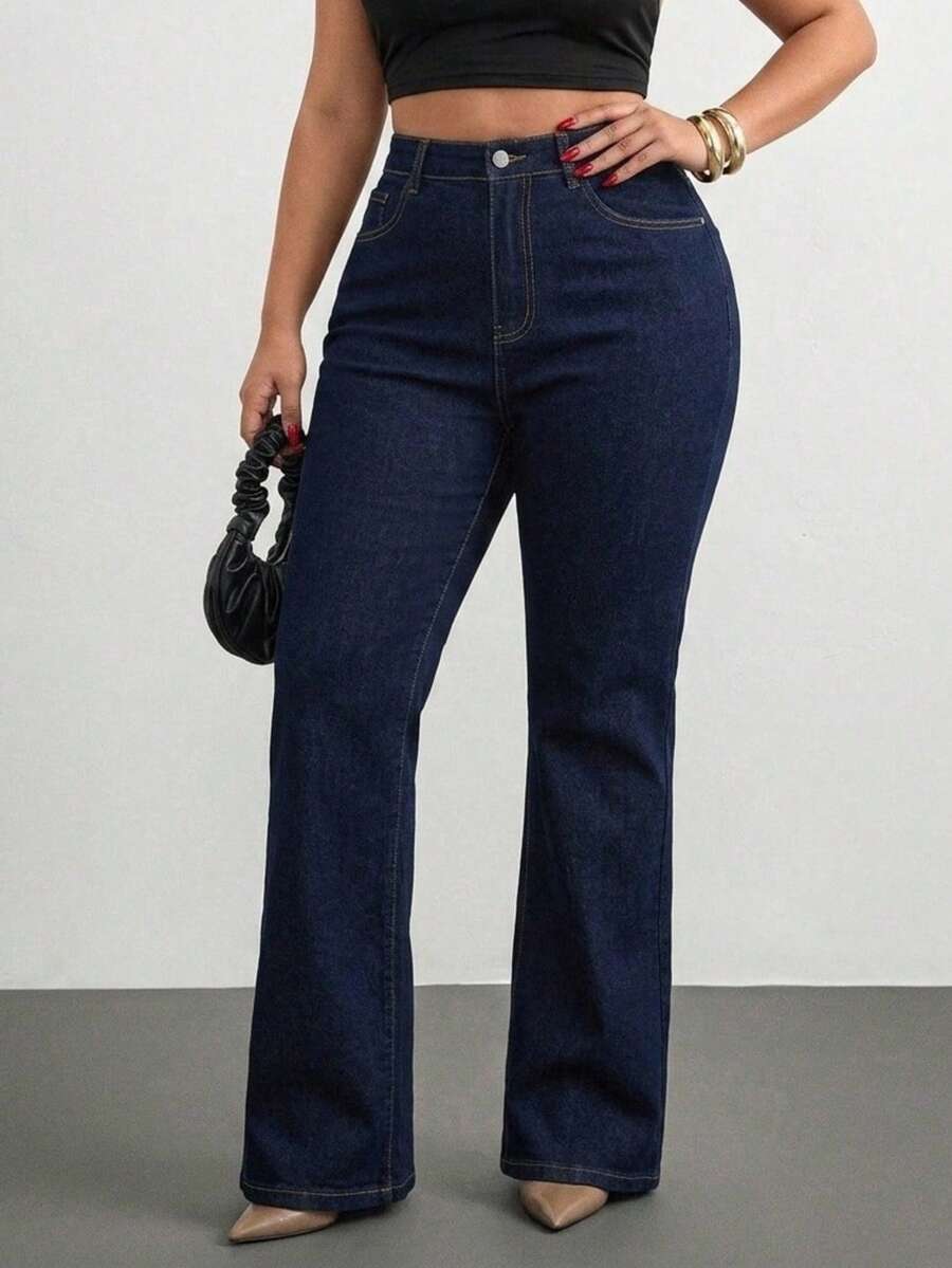 Smart Casual Push Up Tummy Tuck High Waist Raw Washed Flare Leg Plus Size Woman Denim Jean - Dark Wash - View 1
