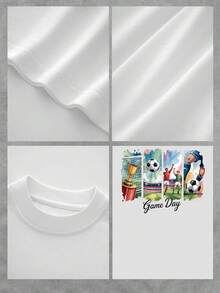 The Print Depicts A Vibrant Match Day With A Soccer Ball, Celebrating Players, And A Trophy Symbolizing Passion And Victory In The Energetic Stadium. This Women's T-Shirt Is Made Of 100% Cotton, Is Casual And Comfortable, Perfect For Sports Fans And Active Moments. - 白色 - 查看 4