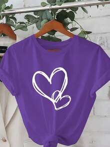 Plus Size - Plus Size - White Day, Exquisite Heart Design, Elegant Short Sleeve T-Shirt With Round Neck Print, Plus Size Women's Clothing, Women's Apparel - 紫色 - 查看 6