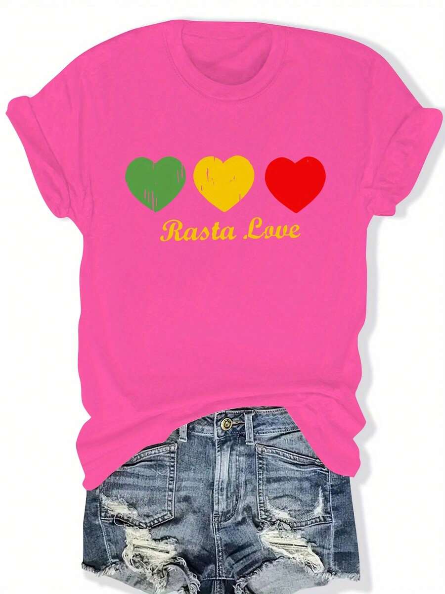 Plus Size - Plus Size - Loose-Fitting Short-Sleeved T-Shirt With Lettering And Hearts, Perfect For Casual Wear In Spring And Summer, Available In Plus Sizes For Women. - 玫紅色 - 查看 1