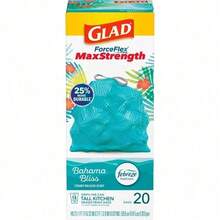 Glad ForceFlex MaxStrength Tall Kitchen Trash Bags (13 Gallon) - Bahama Bliss + Febreze. Triple-Layer Strength Resists Tears/Punctures, ForceFlex Technology Stretches With Heavy Loads. Febreze Freshness Eliminates Odors, Long-Lasting Tropical Scent. Fits Standard Tall Kitchen Bins, Secure Drawstring Closure. - 1 - Xem 9