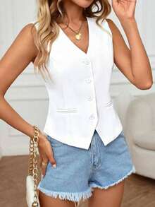 Chaleco sin mangas elegante y casual para uso diario en verano para mujeres - Blanco - Ver 6
