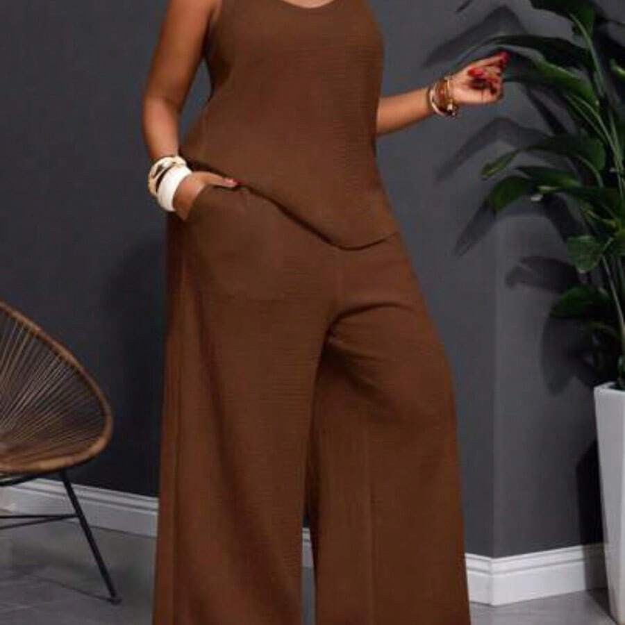 Slayr 2025 New Spring/Summer Plus Size Women's Vintage Western/Tropical/Music Festival/Club/Road Trip/Casual Street/City Vacation/Graduation Date/Elegant Vacation 2-Piece Set - Loose Sheer Textured Fabric U-Neck Sleeveless Tank Top With Elastic Waist Palazzo Pants - Marrón - Ver 1